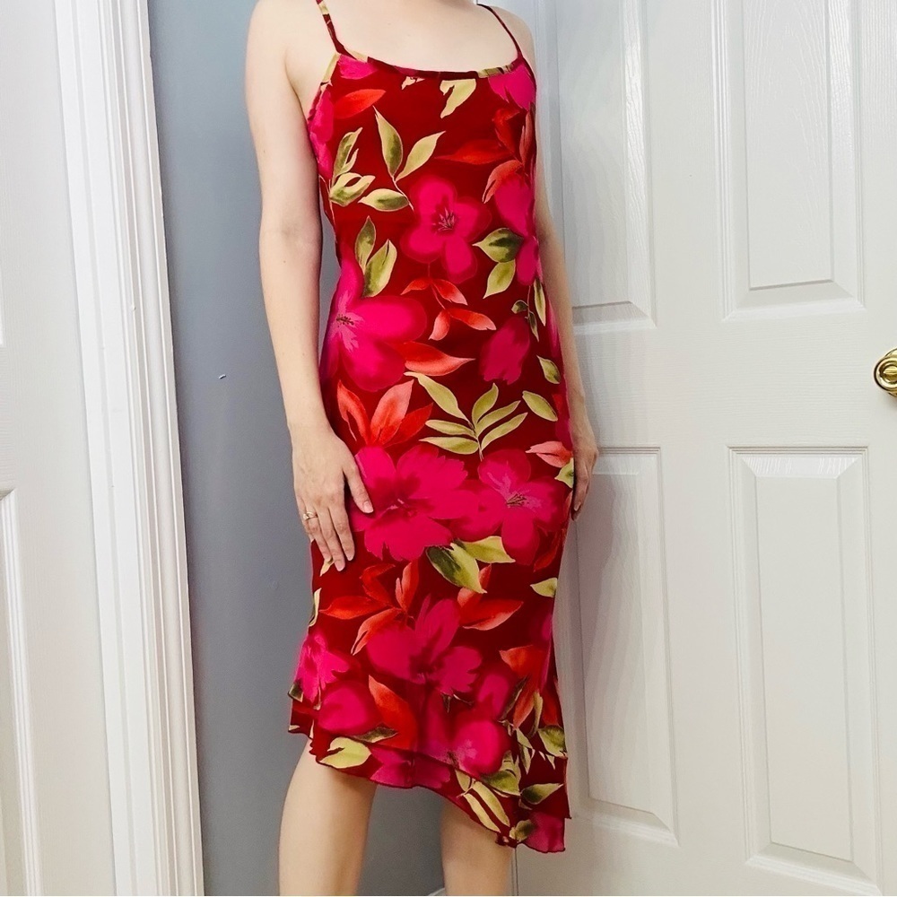 Y2K Dress Vintage Floral Asymmetric Spaghetti Cocktail Red Pink Summer Small